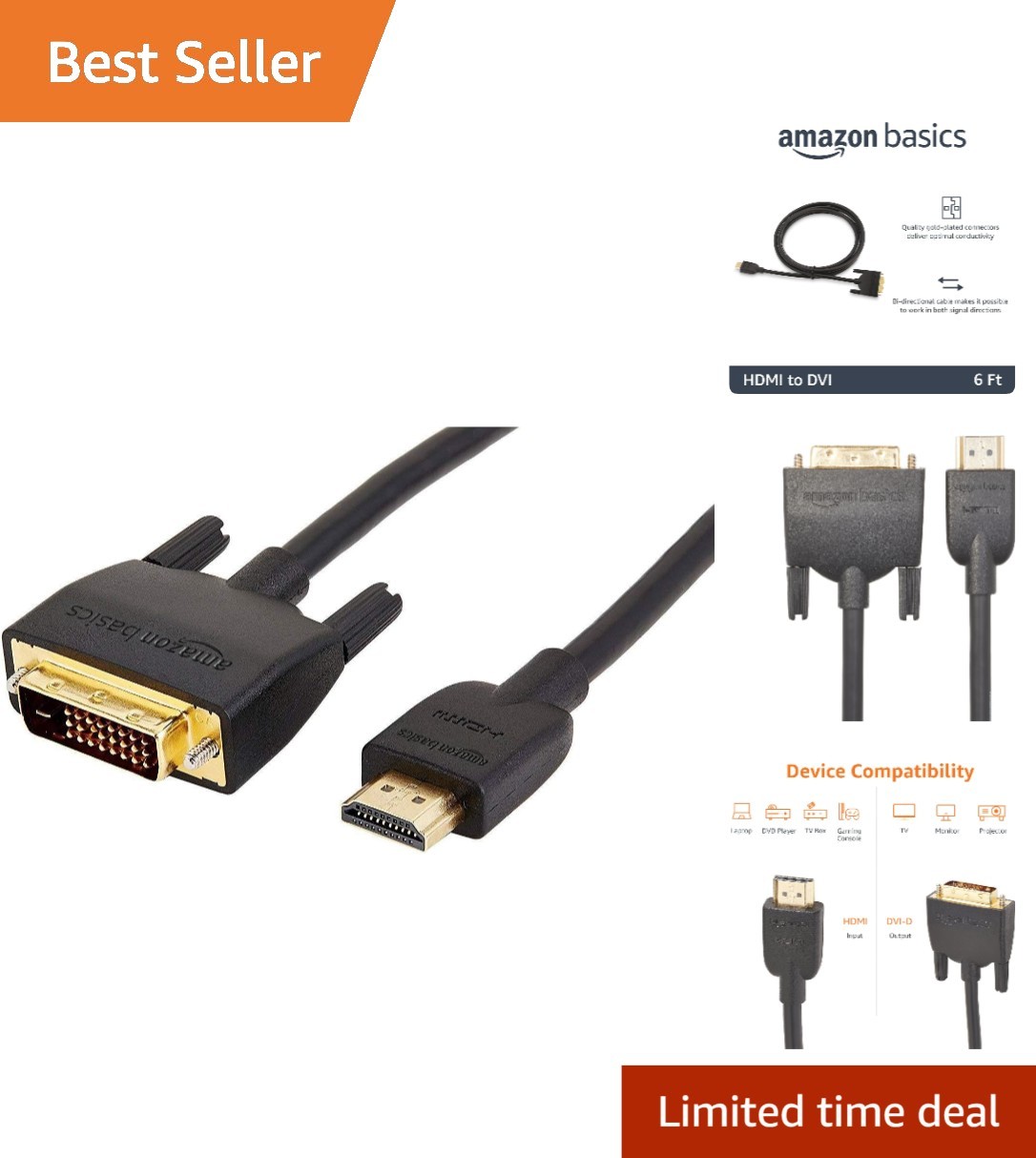 HDMI to DVI Adapter Cable 6 ft Gold Plated Bi-Directional 1080P