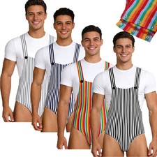 Mens Bodysuit Leotard Nightwear Cozy Jumpsuit Anniversary Striped Button Crotch