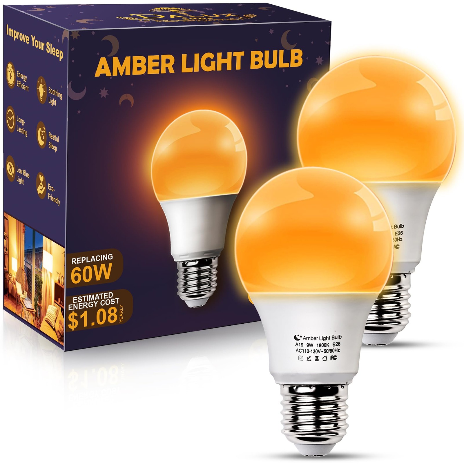 Amber Sleep Light Bulbs, Blue Light Blocking, A19 9W(60 Watt