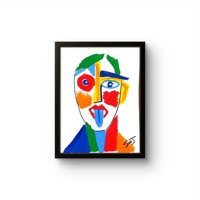 JULIEN Original FRAMED 9x12 MAN BLUE TONGUE Modern Art Acrylic Painting PAPER