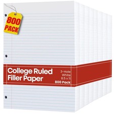 College Ruled Filler Paper, Loose Leaf, 8.5" x 11", 3-Hole Punched, White, 80...