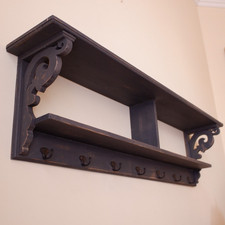 Large Rustic Wood 2 Shelf GREY Hall Unit Storage Wall Coat Rack with 7 Hooks