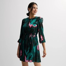  Nine West Women's Green Chiara Floral Mini Dress Long Ruffle Sleeve Lurex  