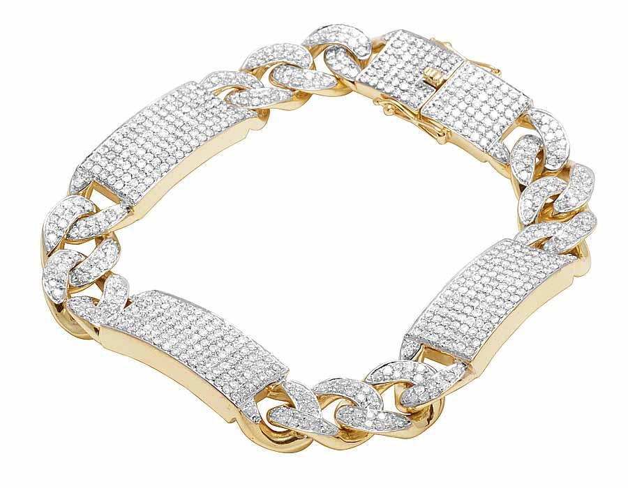 Men's 10K Yellow Gold Genuine Diamond Iced Miami Cuban ID Bar Bracelet CT  12MM