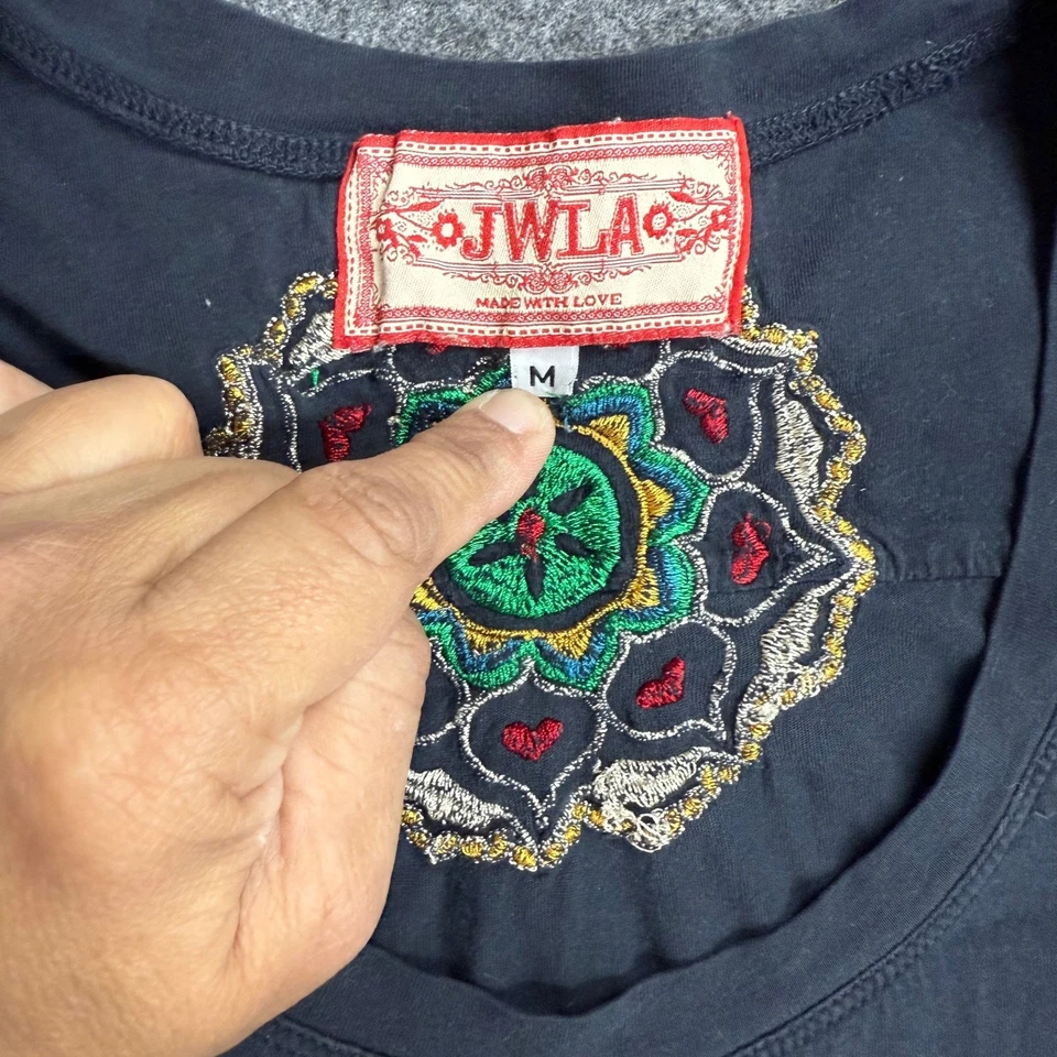 Camiseta JWLA Johnny Was Bordada Pavo Real Para Mujer Mediana Negra Boho Top Floral Foto 2 de 4