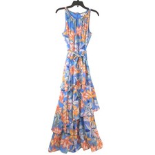 Tahari Arthur S. Levine Blue Floral Ruffle Tiered High Low Maxi Dress Size 4