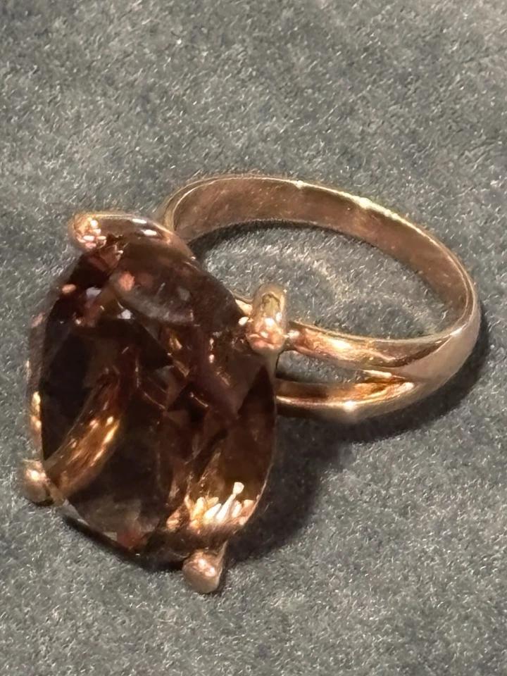 Enorme anillo de cóctel de piedras preciosas marrón ahumado de oro rosa de 14 k 8,4 gramos talla 6 pesado Foto 4 de 4