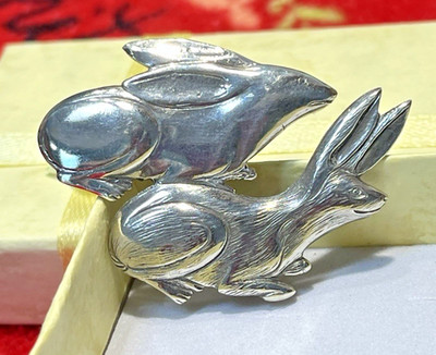 Vintage Sterling Silver 925 Two Rabbits Brooch by Coble Core, Brushed & Shiny