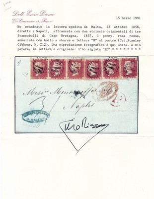 Malta 1858 Umschlag für Neapel 2 Streifen à 3 Stk. Penny Red dent. cert.Diena