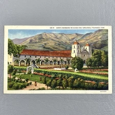 Vintage Postcard Santa Barbara Mission And Grounds Posted 1936 One Cent Stamp