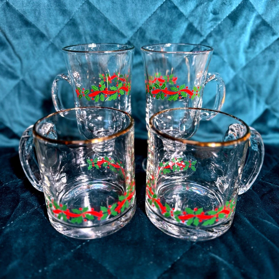 Juego de colección (4) tazas de café navideñas 2 bayas de acebo irlandesas borde dorado transparente Foto 4 de 4