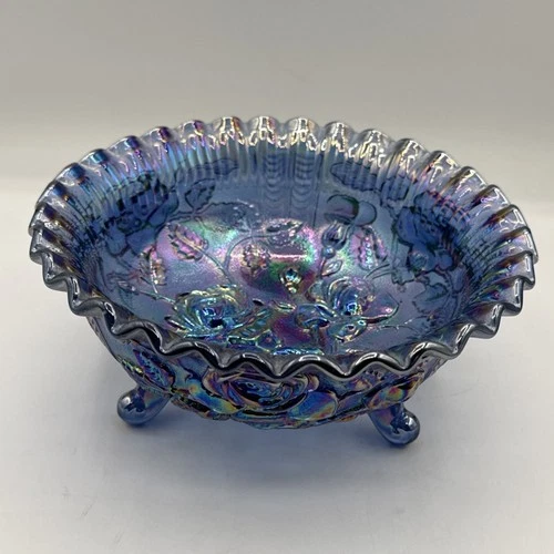 Vtg L.E. Smith Iridescent Blue Purple Carnival Glass Rose Floral Footed Bowl