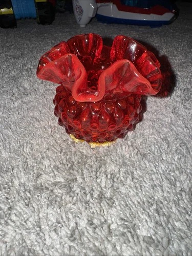 Vintage FENTON Colonial Orange Red Amberina Glass Hobnail Ruffled Vase 4"