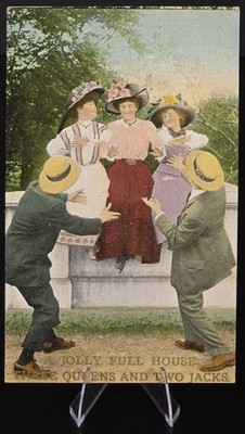 Antique Jolly Full House Postcard Three Queens Two Jacks Card Humor