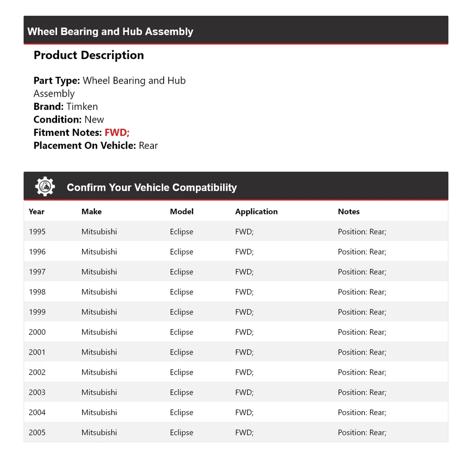 Conjunto de cojinete de rueda y buje trasero Timken para Mitsubishi Eclipse 1995-2005 tracción delantera Foto 2 de 4