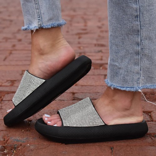 New Women Extremely Comfy Bling Rhinestone Cloud Slide Sandal Flip Flop Open Toe - Picture 3 of 16