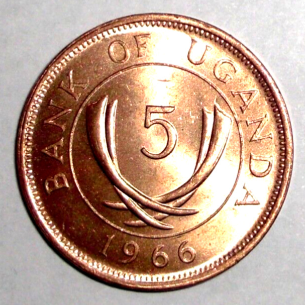 1966 Uganda 5 cents Coin Elephant Tusks Animal African Wildlife