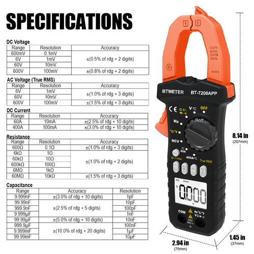 Zangenamperemeter AC/DC 600V TRMS Zangenmessgerät Stromzange Multimeter NCV Temp - Bild 4 von 8