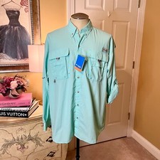 Mens Columbia Bahama II Long Sleeve Fishing Shirt LARGE Turquoise Omni Shade