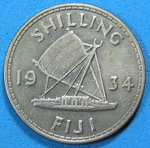 Fiji 1 Shilling Silver Coin 1934, Outrigger Canoe & George V, Combined Shipping
