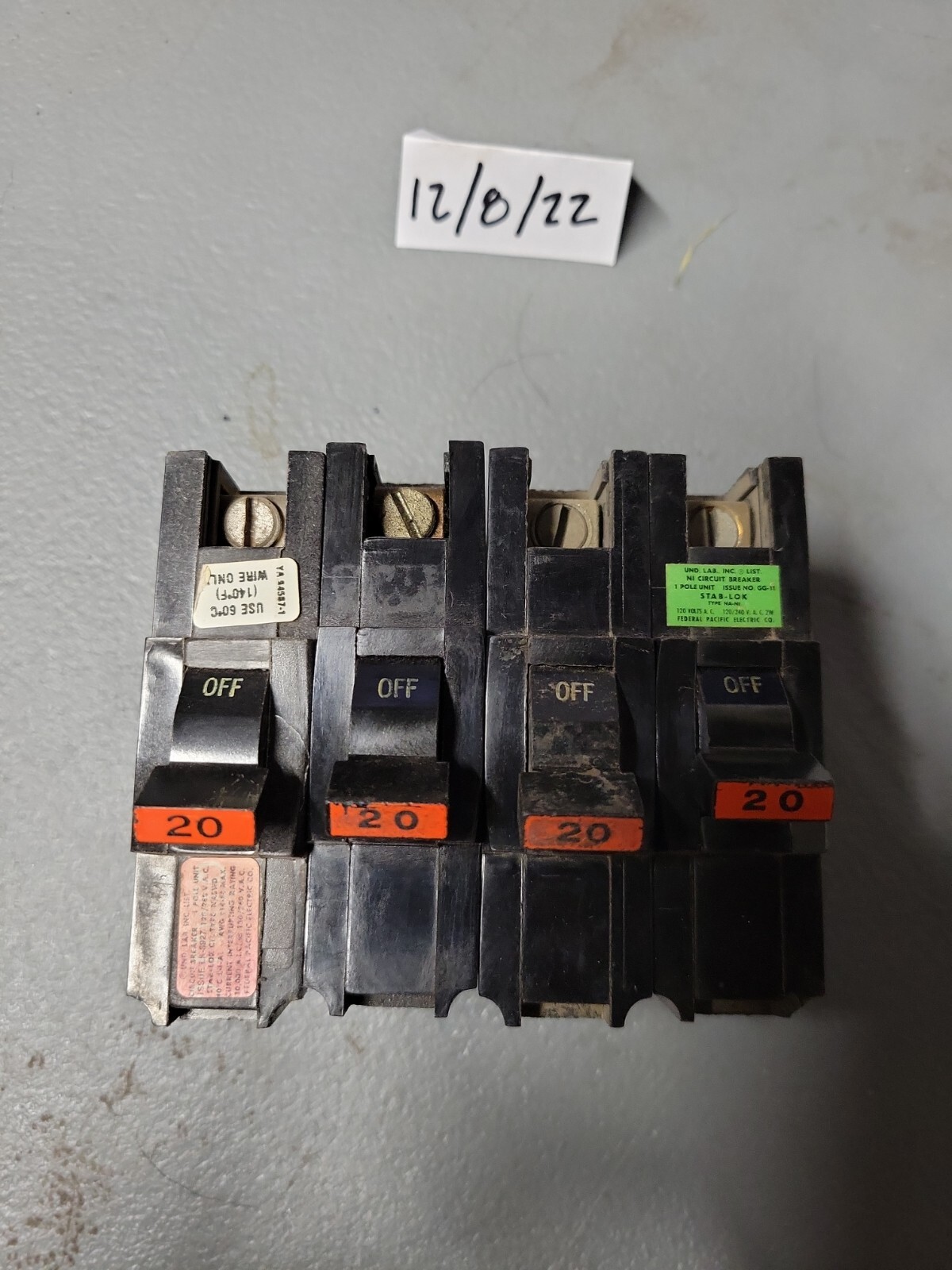 FPE NA120 20 Amp 1 Pole Stab-Lok Type NA  *Lot of 4* 