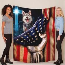 Cute Siberian  Husky Dog Patriotic Flag USA Blanket Christmas Gift For Dogs Lover