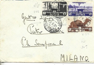 1936 5C+10C+35C ERITREA ON ENVELOPE FROM MOGADISHU X MILAN