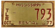 Mississippi 1977 RENTAL TRAILER License Plate 793!