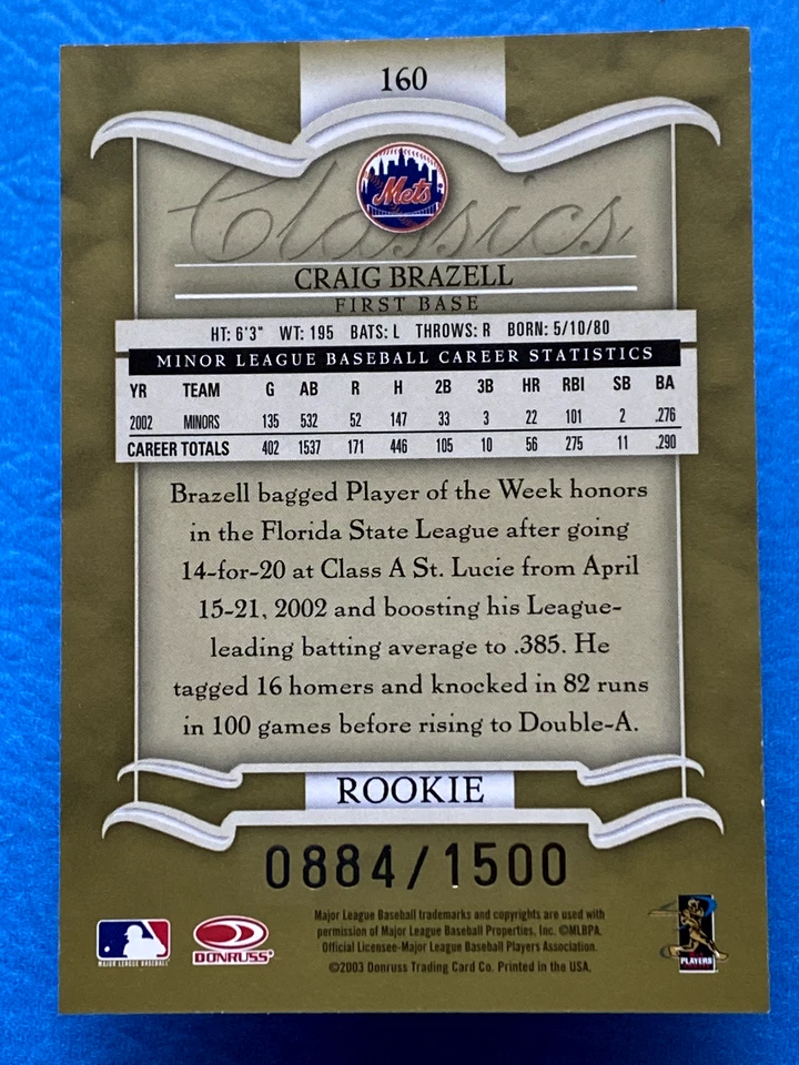2003 Donruss Classics Gold /1500 Craig Brazell #160 - Image 2 of 2