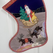 Vtg L Hand Made Appliqu d Christmas Stocking, Santa Sleigh Reindeer Lined