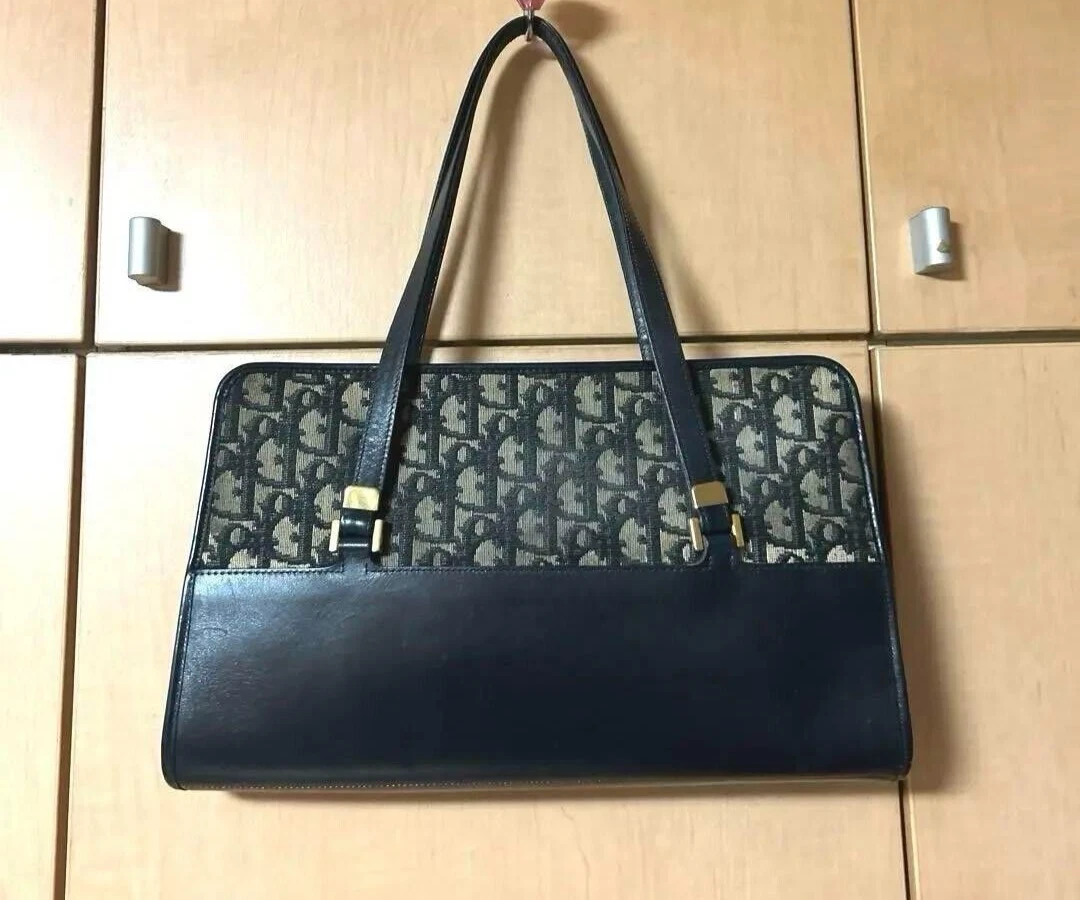 Christian Dior Old DIOR Trotter sac à main tote bag toile marine cuir logo CD