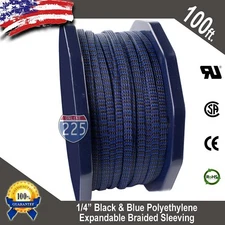 100 FT 1/4" Blue & Black Expandable Wire Sleeving Sheathing Braided Loom Tubing