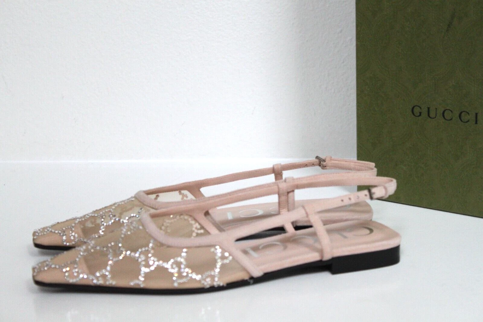 Chaussures plates de ballet Gucci Mash nude daim logo GG cristal bride cheville neuve taille 8/38
