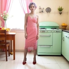 Vintage 1960s Flamingo Pink Lace Slip Dress Small  Fairycore Coquette Lingerie