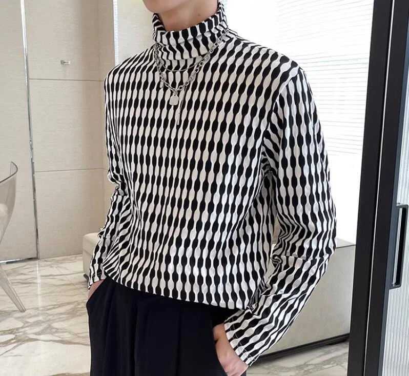 Mens Autumn Fashion Turtle Neck Long Sleeve Loose Printed T-shirt Youth Pullover - Image 3 of 4