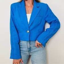 Jason Wu Blue Linen Cropped Blazer Jacket with Braided Trim