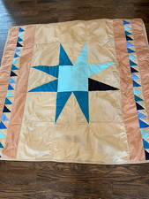 Blue, Teal Tan Single Star Variation Wall Quilt 49" x 49" Homemade Rustic