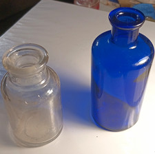 Lot of 2 Glass Bottles - Cobalt Blue Bottle  Clear Bottle, Embossed Bottom