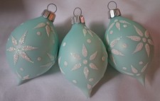 Glass Teardrop Christmas Ornaments Set 3 Vintage Glitter Snowflake Matte Finial
