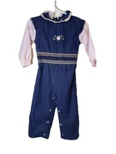 Vintage Toddler Girls Denim Twill Longalls Jumpsuit with Pink Accents 24 Months