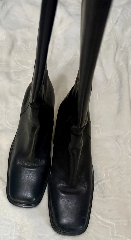 Hillard & Hanson Brixton Cuero Negro Media Pantorrilla 8M Y2K Puntera Cuadrada Tacón Bloque Foto 4 de 4