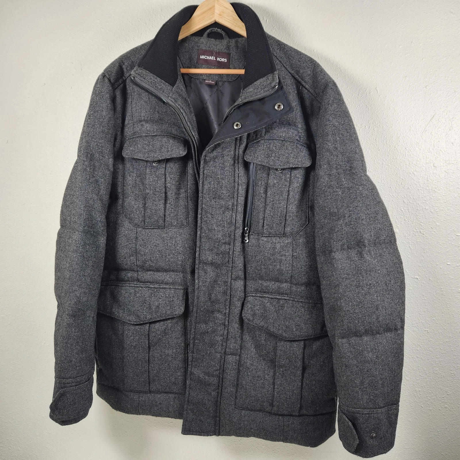 Michael Kors Mens Wool Blend Down Field Jacket Charcoal Gray Military Biker Med