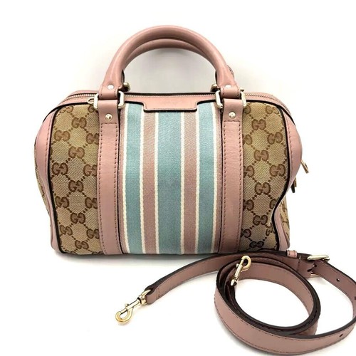 GUCCI GG Shoulder Hand Bag Ziplock Leather Canvas Pink Blue Beige Gold Hardware