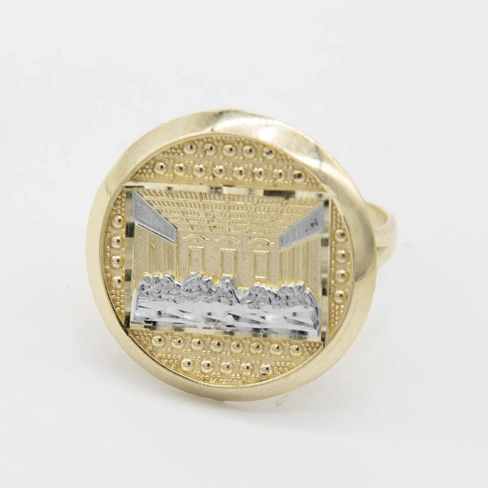 Diamond-Cut Round Last Supper Ring Real Solid 10K Yellow White Gold Size 7 - Image 2 of 4