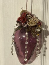 Vtg Katherine  s Collection Maroon Etched Glass Ornament Beaded Applique Accents