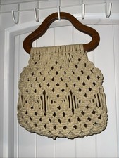 Vintage 70's Handmade Macrame Handbag Purse Tote Tan Boho Hippie Wood Handles