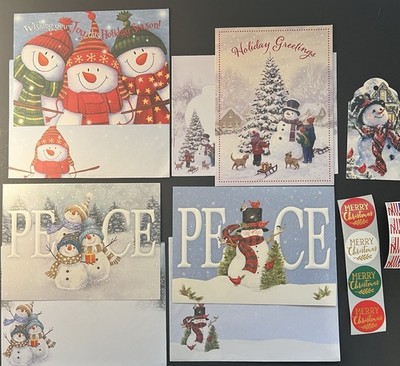 Set of 4 Jolly Snowman CHRISTMAS Cards w/Matching Env/Gift Tag/Seals/Stamps BN