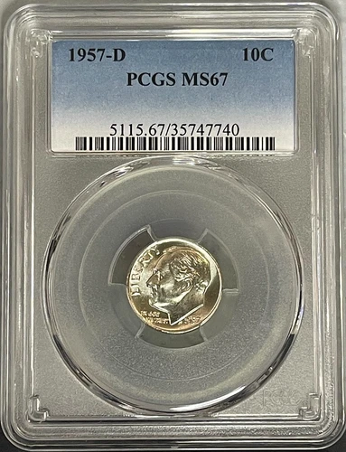 1957 Roosevelt Silver Dime PCGS MS67 Blast White Coin