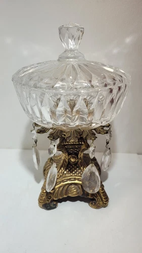 Vintage Hollywood Regency Crystal Bowl With Lid  8"