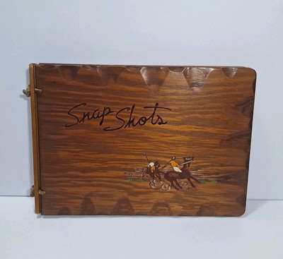 Vintage MCM  Wooden Snap Shots Scrapbook/Photo Album Equestrian  Engraved 1950s 